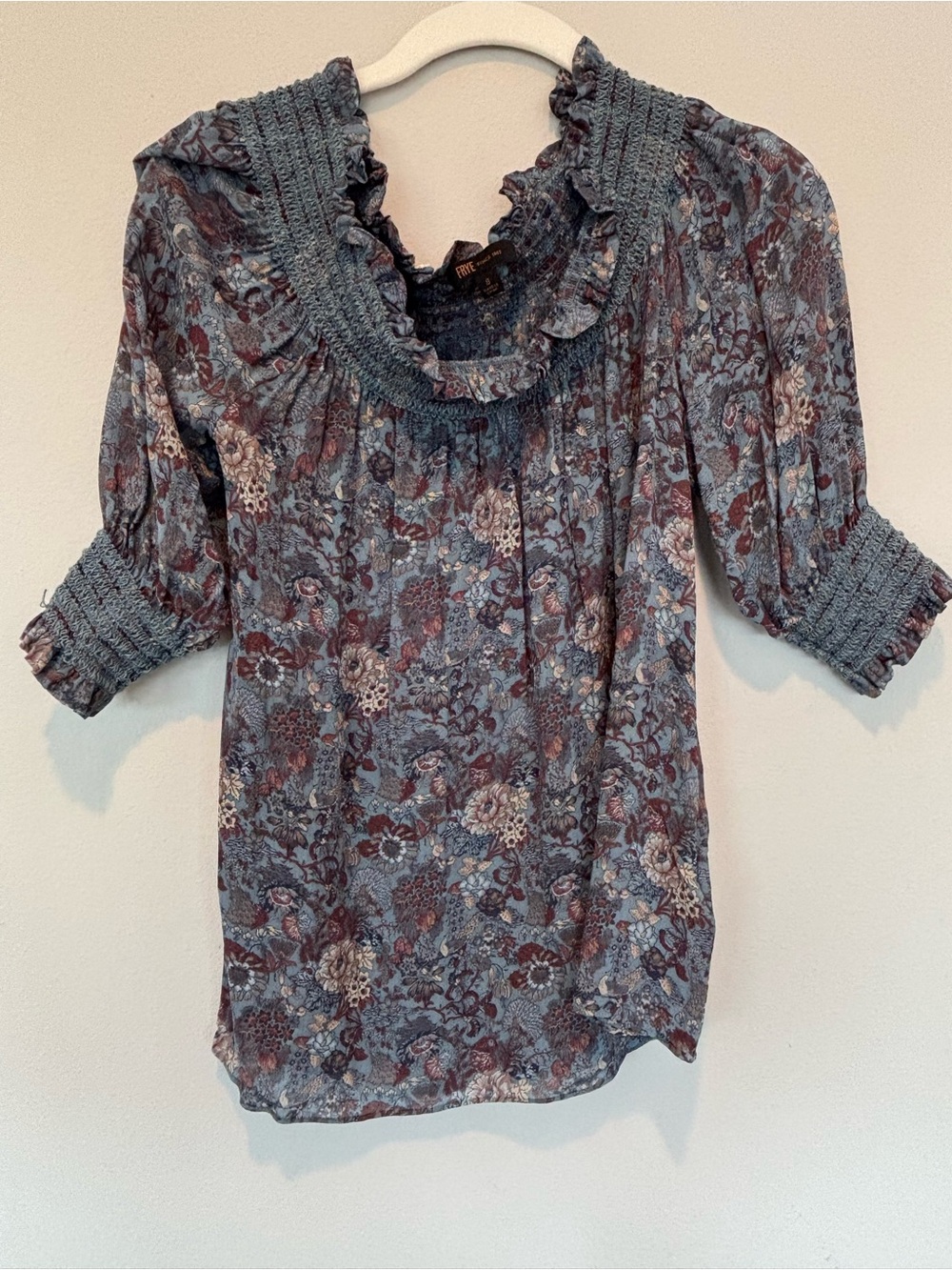Frye Slate Blue Floral Smocked Ruffle-Neck Blouse - Picture 1 of 3